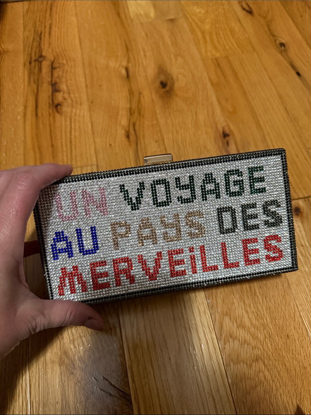 Crystal Embellished 'Un Voyage' Box Clutch in Multi-Color with detachable chain